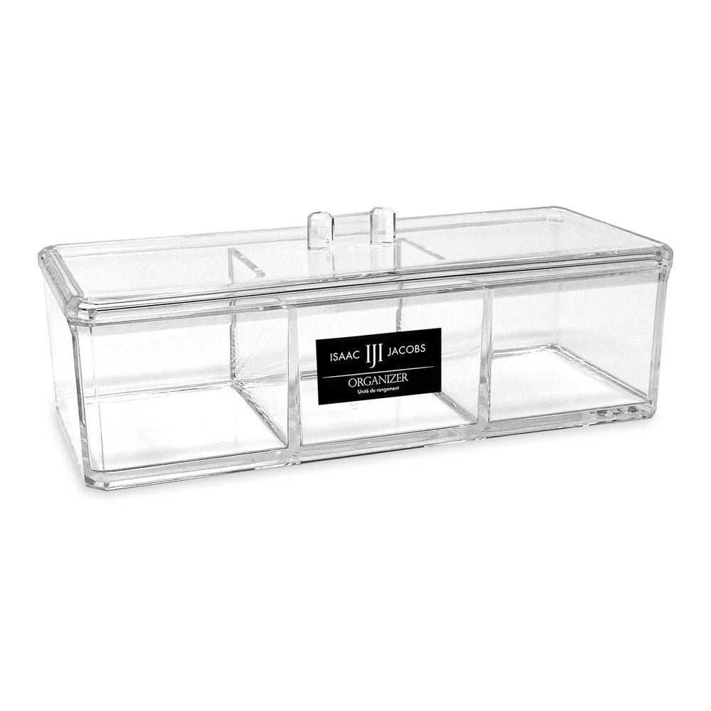 Isaac Jacobs 3-Compartment Clear Acrylic Rectangular Stackable Organizer  with Lid, Multi-Sectional Drawer Tray, Storage Solution for Makeup, Craft