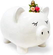 Isaac Jacobs Ceramic Pigicorn Money Bank, Cute Piggy Bank, Princess Unicorn Pig with Floral Wreath, Girls Room Decor, Kids Cartoon Animal Coin Bank, Fun Keepsake Gift for Children and Teens (White)