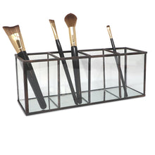 Isaac Jacobs 4-Compartment Organizer- Makeup Brush Holder- Vintage Style Brass and Glass Storage Solution with Mirror Base- Office, Bathroom, Kitchen Supplies and More