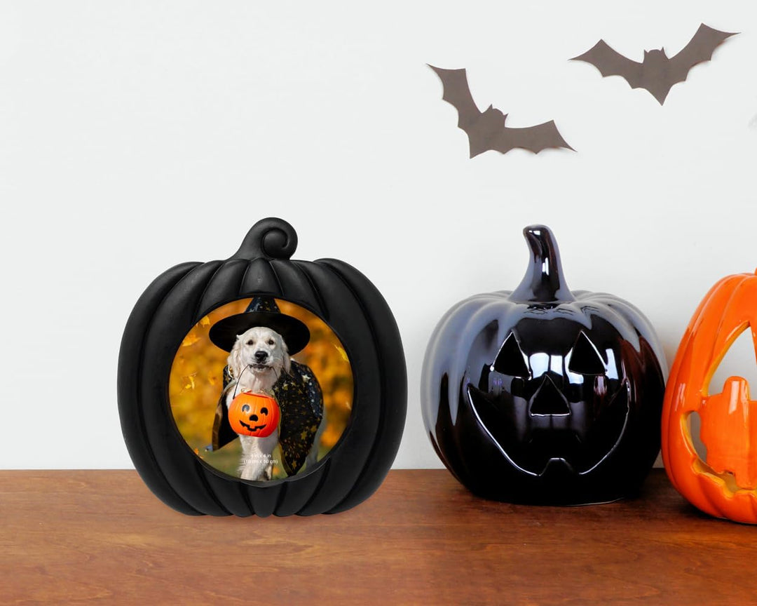 Isaac Jacobs 4x4 Pumpkin-Shaped Picture Frame For Halloween Or Fall Décor, Photo Tabletop &amp; Wall Display Hanging Display