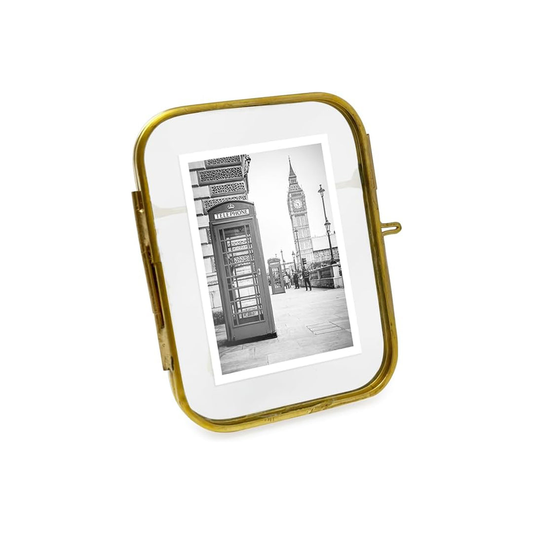 Isaac Jacobs Vintage Style, Round-Edged Brass & Glass Metal Floating Picture Frame with Locket Closure (Horizontal), Made for Tabletop Display_#color_Antique Gold_2x3