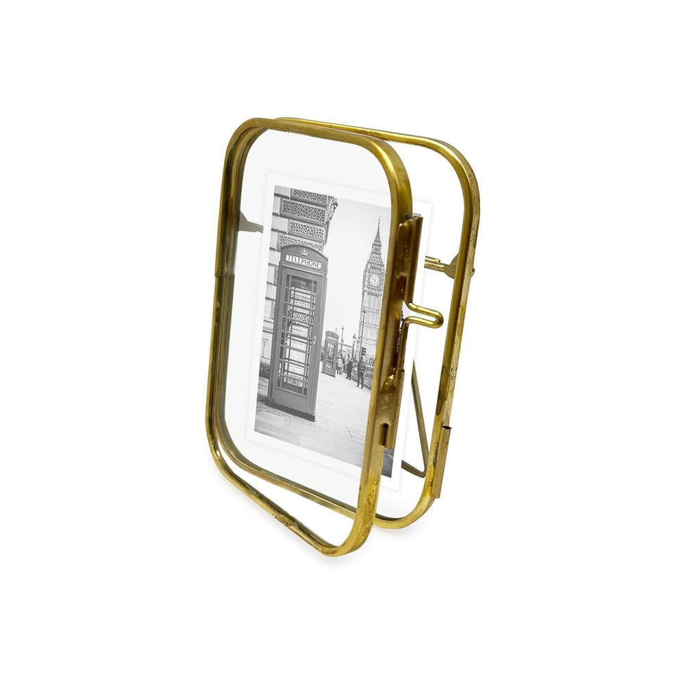 Isaac Jacobs Vintage Style, Round-Edged Brass & Glass Metal Floating Picture Frame with Locket Closure (Horizontal), Made for Tabletop Display_#color_Antique Gold_2x3