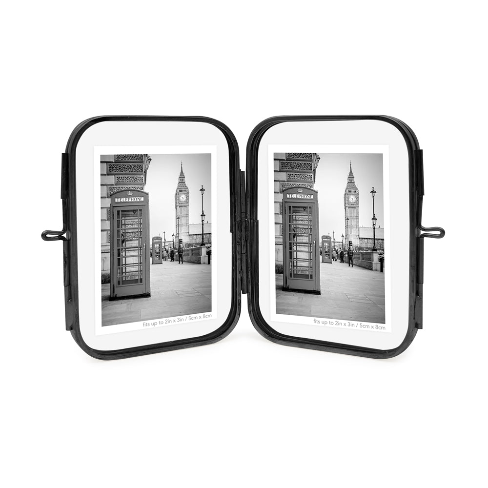 Isaac Jacobs Vintage Style, Double-Sided Round-Edged Brass &amp; Glass Metal Floating Picture Frame with Locket Closure (Vertical), Made for Tabletop Display_