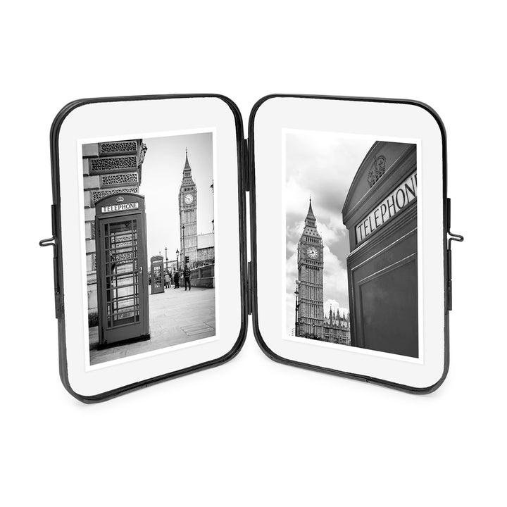 Isaac Jacobs Vintage Style, Double-Sided Round-Edged Brass &amp; Glass Metal Floating Picture Frame with Locket Closure (Vertical), Made for Tabletop Display_