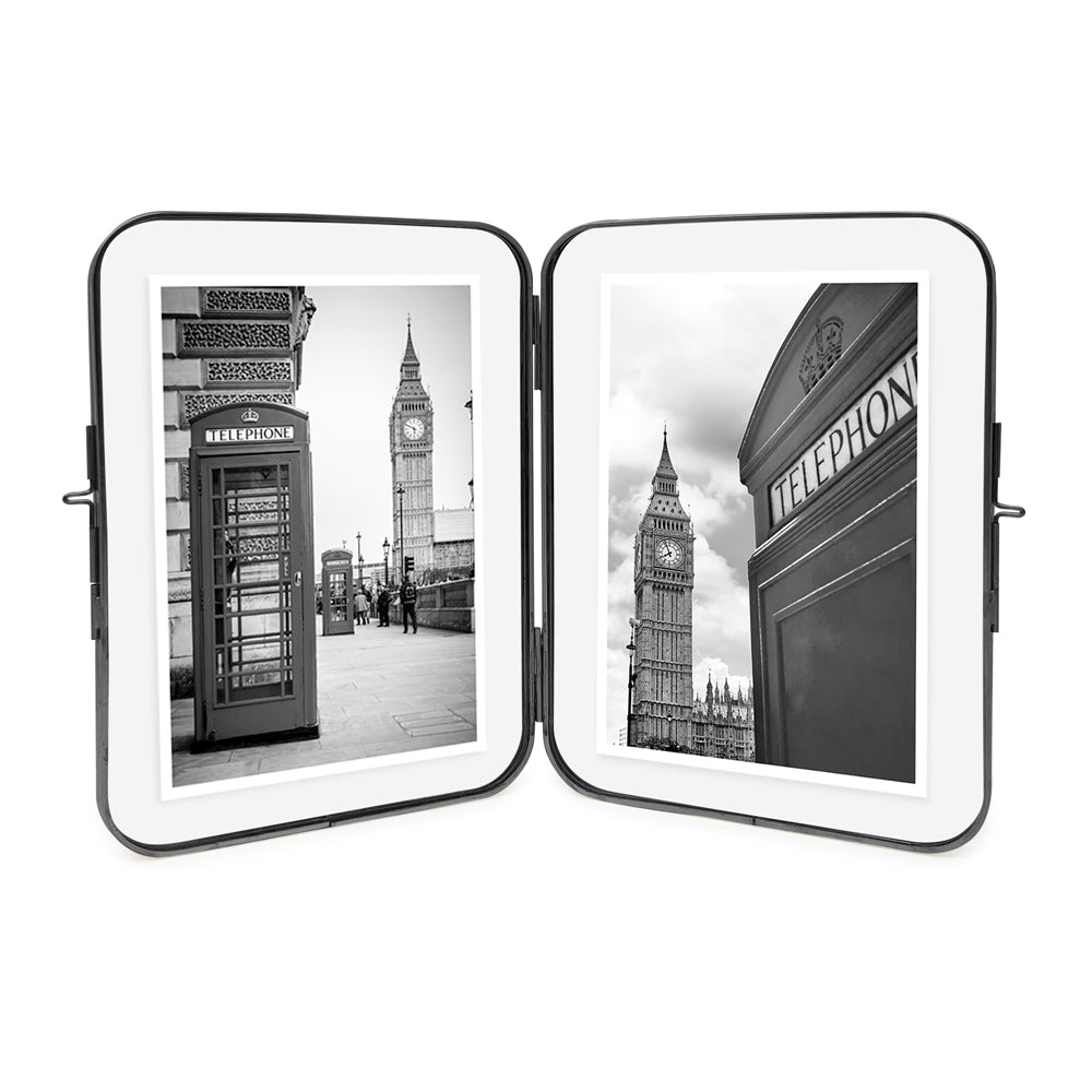 Isaac Jacobs Vintage Style, Double-Sided Round-Edged Brass &amp; Glass Metal Floating Picture Frame with Locket Closure (Vertical), Made for Tabletop Display_