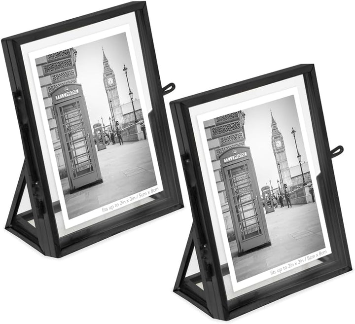 Isaac Jacobs Antique Gold, Vintage Style Brass and Glass, Floating Photo Frame, Metal, with Locket Closure and Angled Base, for Pictures, Art, Mementos, Keepsakes, 2 Pack