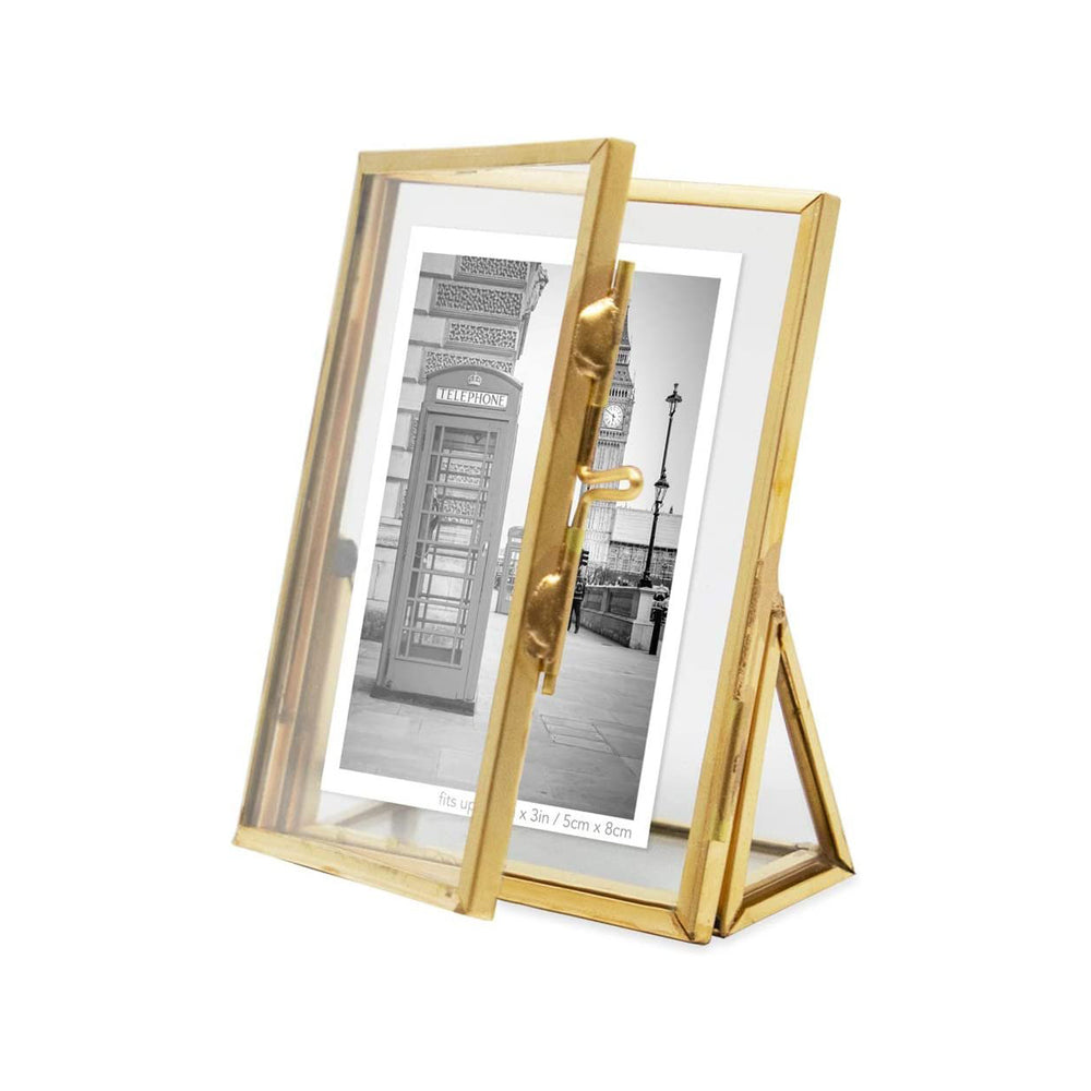 Isaac Jacobs Antique Gold, Vintage Style Brass and Glass, Floating Photo Frame, Metal, with Locket Closure and Angled Base, for Pictures, Art, Mementos, Keepsakes, 2 Pack#color_antique_gold_2x3 (2 Pack)