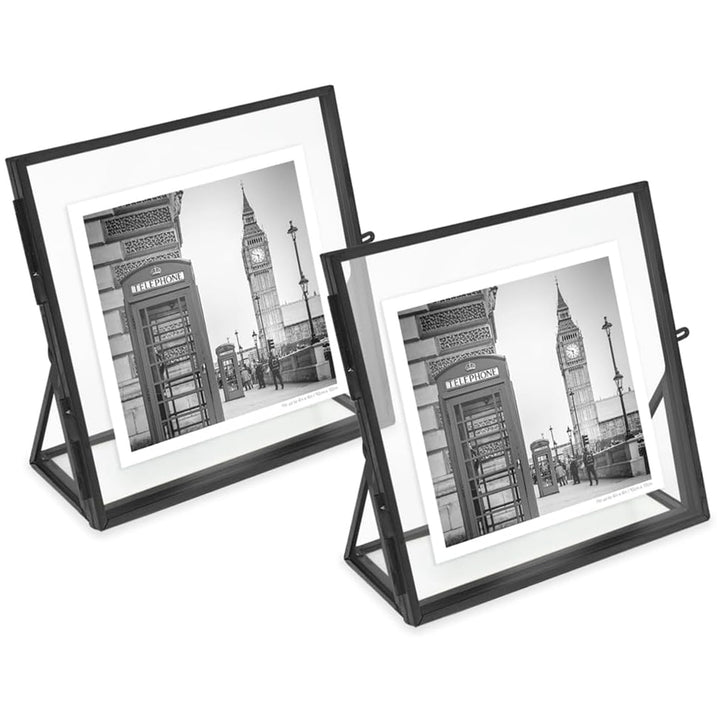 Isaac Jacobs Antique Gold, Vintage Style Brass and Glass, Floating Photo Frame, Metal, with Locket Closure and Angled Base, for Pictures, Art, Mementos, Keepsakes, 2 Pack