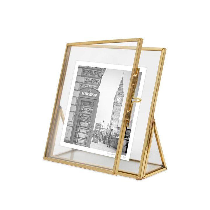 Isaac Jacobs Antique Gold, Vintage Style Brass and Glass, Floating Photo Frame, Metal, with Locket Closure and Angled Base, for Pictures, Art, Mementos, Keepsakes, 2 Pack