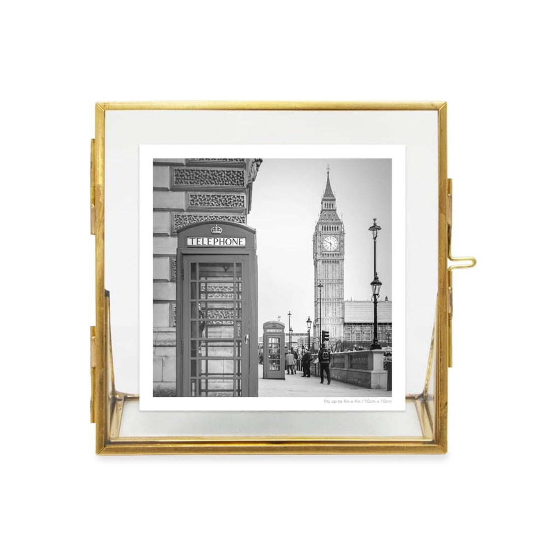 Isaac Jacobs Antique Gold, Vintage Style Brass and Glass, Floating Photo Frame, Metal, with Locket Closure and Angled Base, for Pictures, Art, Mementos, Keepsakes, 2 Pack