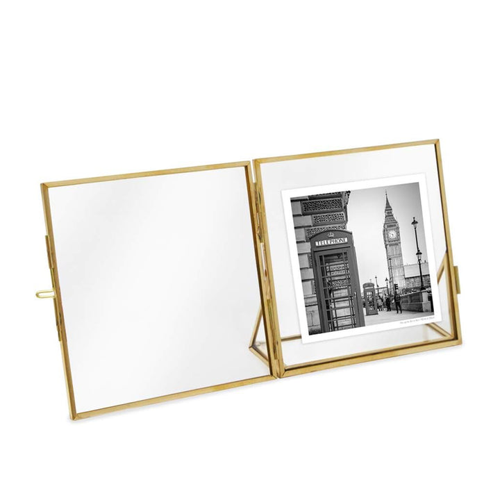 Isaac Jacobs Antique Gold, Vintage Style Brass and Glass, Floating Photo Frame, Metal, with Locket Closure and Angled Base, for Pictures, Art, Mementos, Keepsakes, 2 Pack