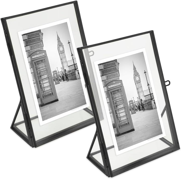 Isaac Jacobs Antique Gold, Vintage Style Brass and Glass, Floating Photo Frame, Metal, with Locket Closure and Angled Base, for Pictures, Art, Mementos, Keepsakes, 2 Pack
