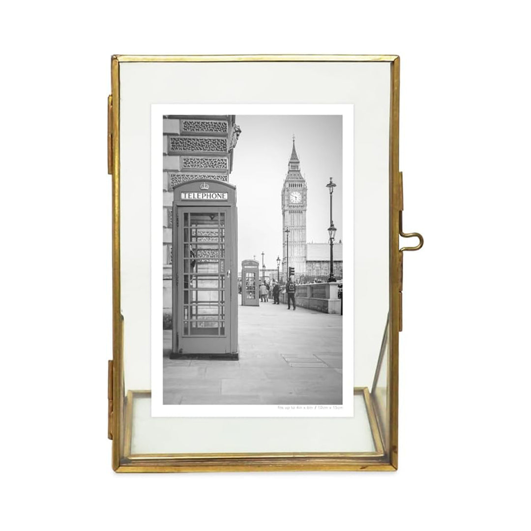 Isaac Jacobs Antique Gold, Vintage Style Brass and Glass, Floating Photo Frame, Metal, with Locket Closure and Angled Base, for Pictures, Art, Mementos, Keepsakes, 2 Pack