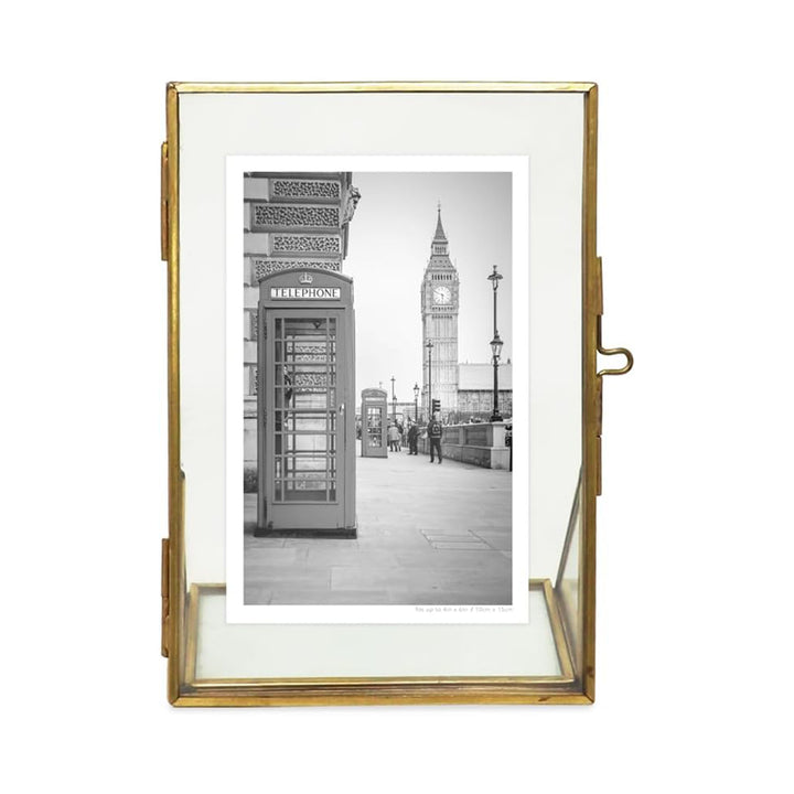Isaac Jacobs Antique Gold, Vintage Style Brass and Glass, Floating Photo Frame, Metal, with Locket Closure and Angled Base, for Pictures, Art, Mementos, Keepsakes, 2 Pack
