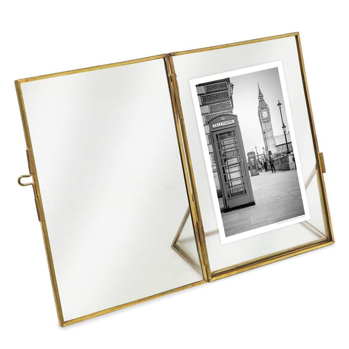 Isaac Jacobs Antique Gold, Vintage Style Brass and Glass, Floating Photo Frame, Metal, with Locket Closure and Angled Base, for Pictures, Art, Mementos, Keepsakes, 2 Pack