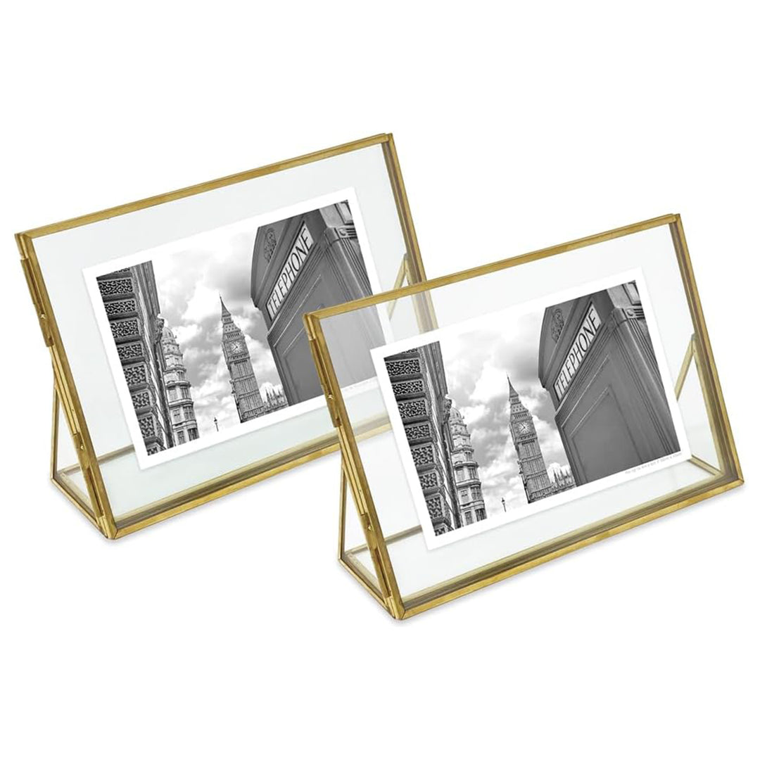 Isaac Jacobs Antique Gold, Vintage Style Brass and Glass, Floating Photo Frame, Metal, with Locket Closure and Angled Base, for Pictures, Art, Mementos, Keepsakes, 2 Pack
