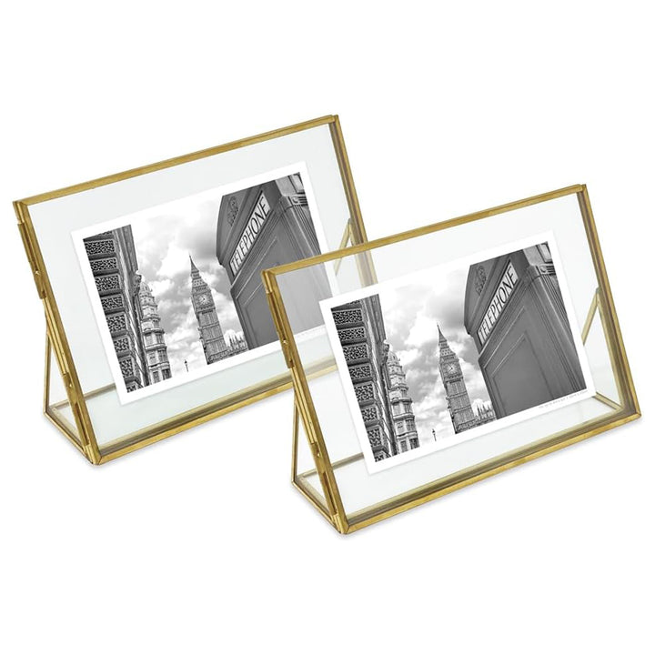 Isaac Jacobs Antique Gold, Vintage Style Brass and Glass, Floating Photo Frame, Metal, with Locket Closure and Angled Base, for Pictures, Art, Mementos, Keepsakes, 2 Pack