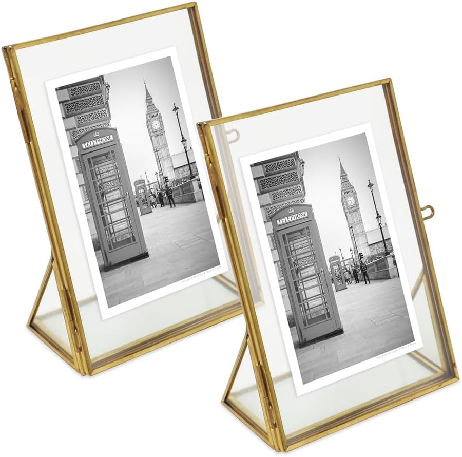 Isaac Jacobs Antique Gold, Vintage Style Brass and Glass, Floating Photo Frame, Metal, with Locket Closure and Angled Base, for Pictures, Art, Mementos, Keepsakes, 2 Pack