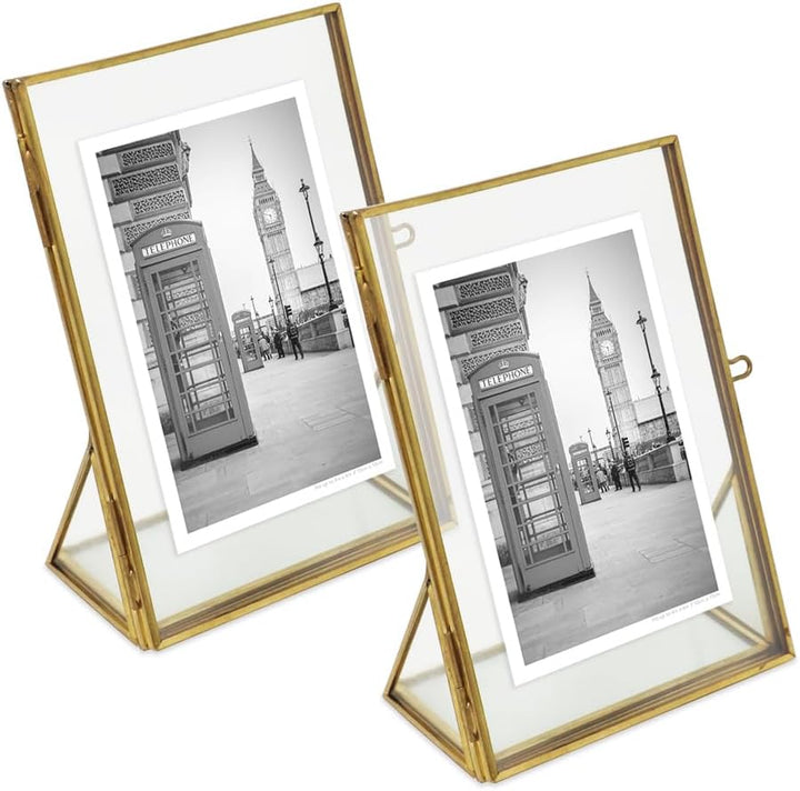 Isaac Jacobs Antique Gold, Vintage Style Brass and Glass, Floating Photo Frame, Metal, with Locket Closure and Angled Base, for Pictures, Art, Mementos, Keepsakes, 2 Pack