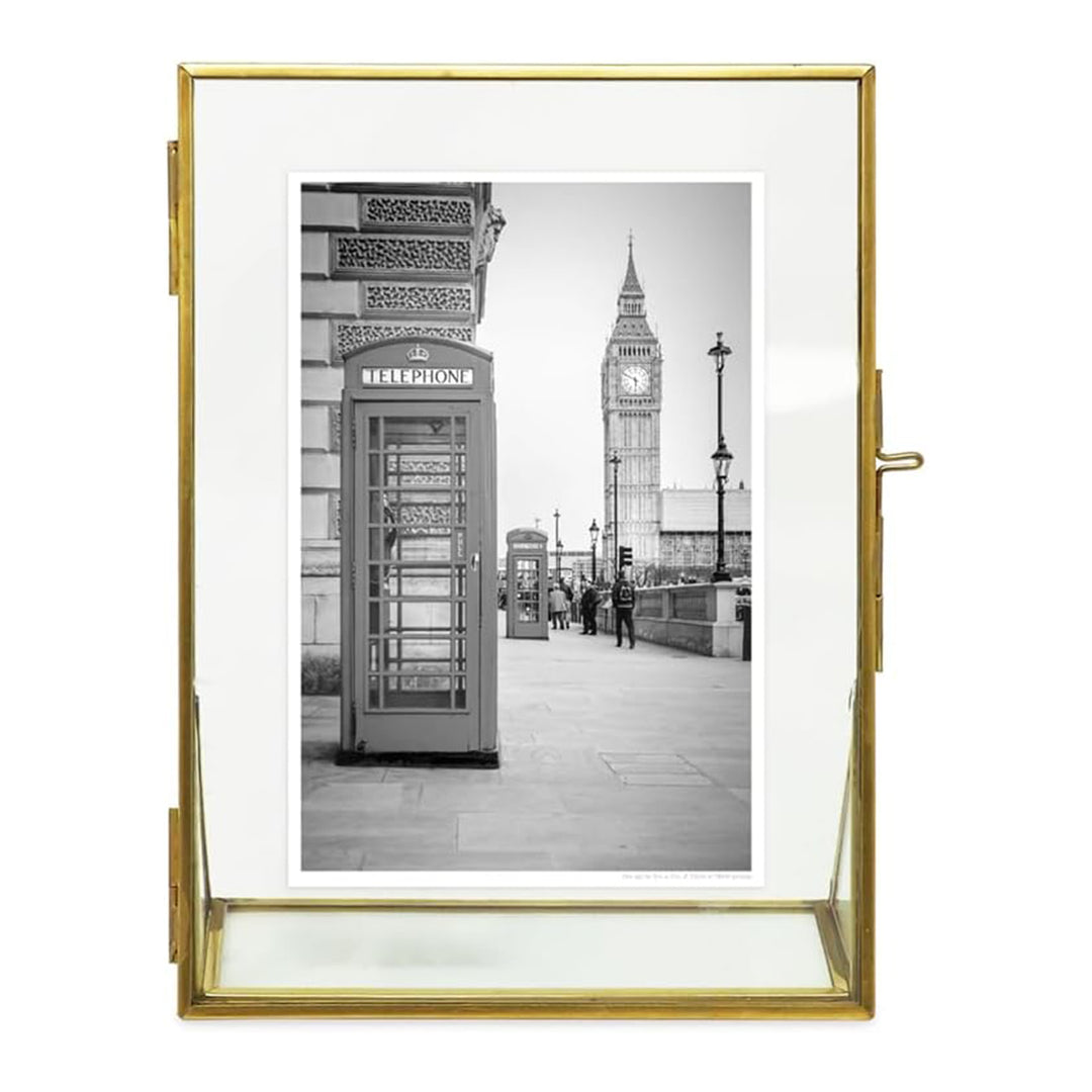 Isaac Jacobs Antique Gold, Vintage Style Brass and Glass, Floating Photo Frame, Metal, with Locket Closure and Angled Base, for Pictures, Art, Mementos, Keepsakes, 2 Pack