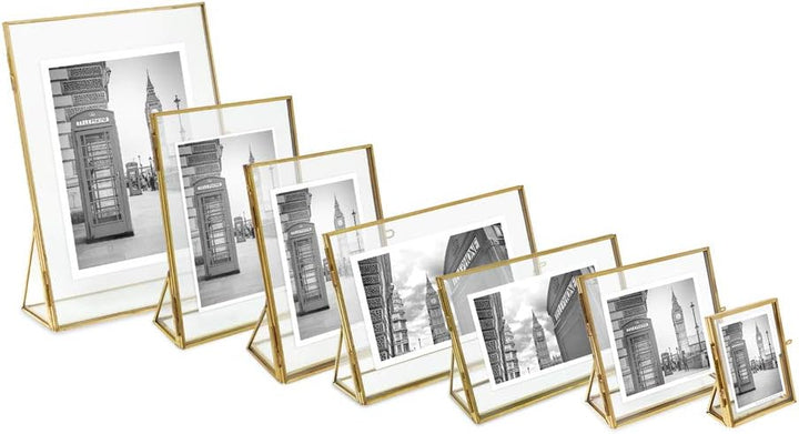 Isaac Jacobs Antique Gold, Vintage Style Brass and Glass, Floating Photo Frame, Metal, with Locket Closure and Angled Base, for Pictures, Art, Mementos, Keepsakes, 2 Pack