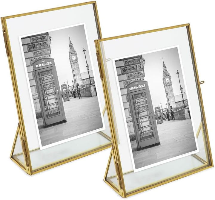 Isaac Jacobs Antique Gold, Vintage Style Brass and Glass, Floating Photo Frame, Metal, with Locket Closure and Angled Base, for Pictures, Art, Mementos, Keepsakes, 2 Pack