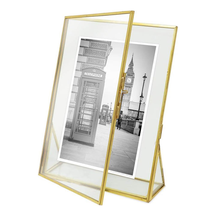 Isaac Jacobs Antique Gold, Vintage Style Brass and Glass, Floating Photo Frame, Metal, with Locket Closure and Angled Base, for Pictures, Art, Mementos, Keepsakes, 2 Pack