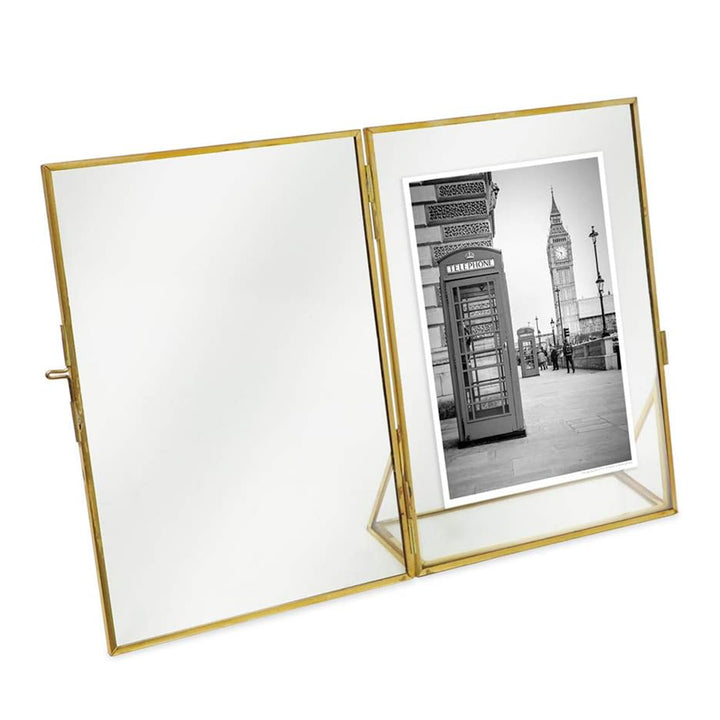 Isaac Jacobs Antique Gold, Vintage Style Brass and Glass, Floating Photo Frame, Metal, with Locket Closure and Angled Base, for Pictures, Art, Mementos, Keepsakes, 2 Pack