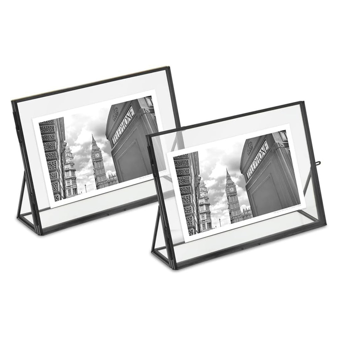 Isaac Jacobs Antique Gold, Vintage Style Brass and Glass, Floating Photo Frame, Metal, with Locket Closure and Angled Base, for Pictures, Art, Mementos, Keepsakes, 2 Pack