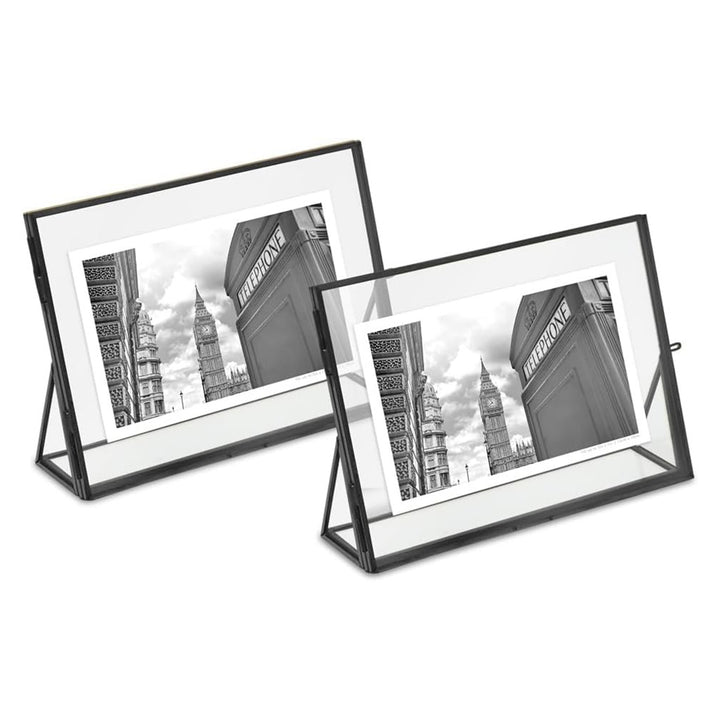 Isaac Jacobs Antique Gold, Vintage Style Brass and Glass, Floating Photo Frame, Metal, with Locket Closure and Angled Base, for Pictures, Art, Mementos, Keepsakes, 2 Pack