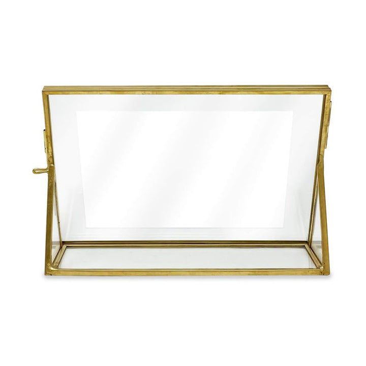 Isaac Jacobs Antique Gold, Vintage Style Brass and Glass, Floating Photo Frame, Metal, with Locket Closure and Angled Base, for Pictures, Art, Mementos, Keepsakes, 2 Pack