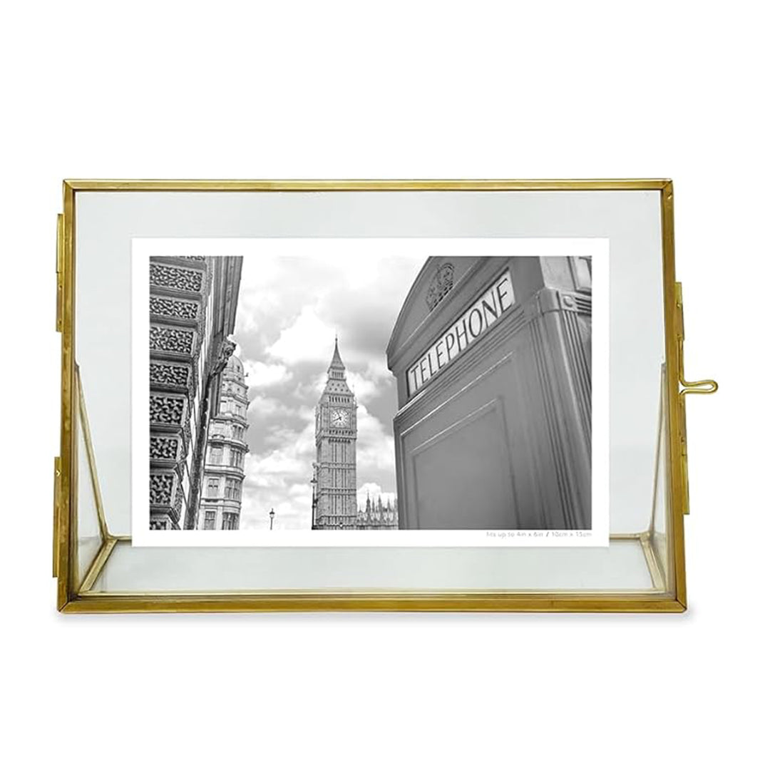 Isaac Jacobs Antique Gold, Vintage Style Brass and Glass, Floating Photo Frame, Metal, with Locket Closure and Angled Base, for Pictures, Art, Mementos, Keepsakes, 2 Pack