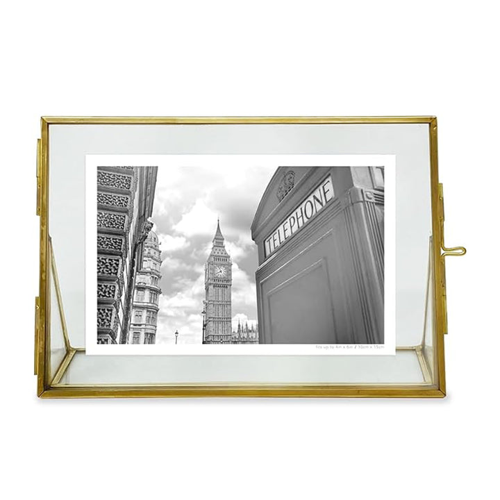 Isaac Jacobs Antique Gold, Vintage Style Brass and Glass, Floating Photo Frame, Metal, with Locket Closure and Angled Base, for Pictures, Art, Mementos, Keepsakes, 2 Pack