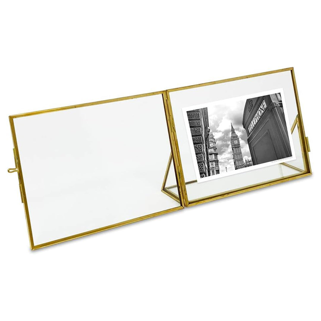Isaac Jacobs Antique Gold, Vintage Style Brass and Glass, Floating Photo Frame, Metal, with Locket Closure and Angled Base, for Pictures, Art, Mementos, Keepsakes, 2 Pack
