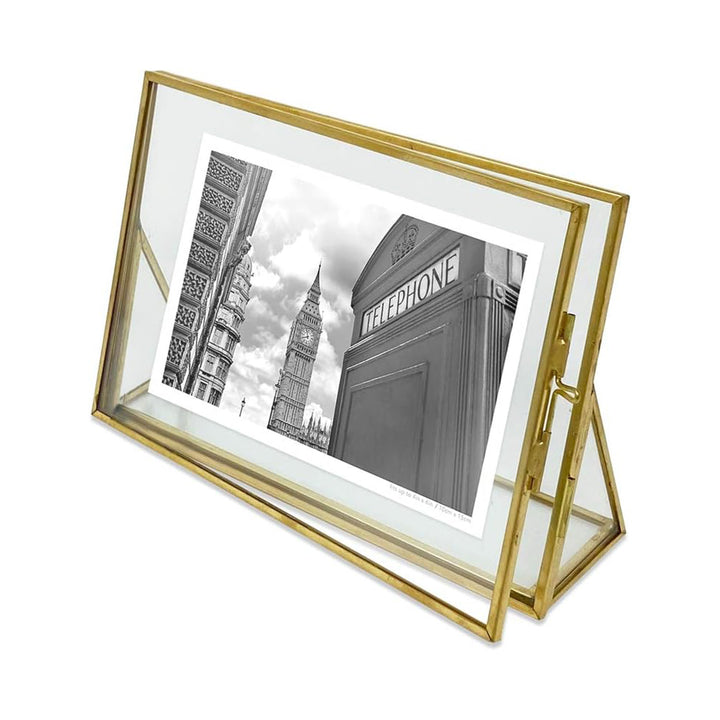 Isaac Jacobs Antique Gold, Vintage Style Brass and Glass, Floating Photo Frame, Metal, with Locket Closure and Angled Base, for Pictures, Art, Mementos, Keepsakes, 2 Pack