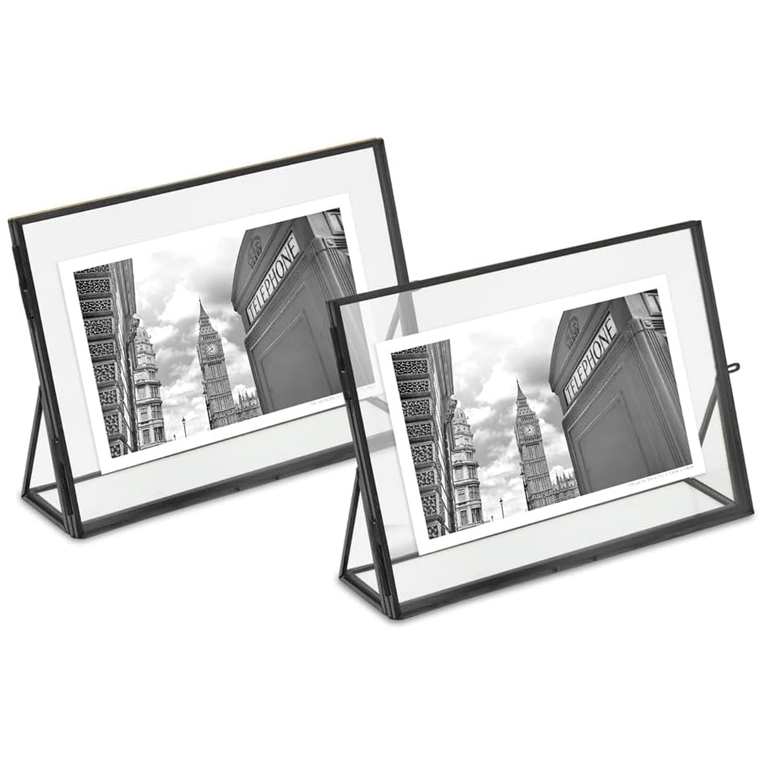 Isaac Jacobs Antique Gold, Vintage Style Brass and Glass, Floating Photo Frame, Metal, with Locket Closure and Angled Base, for Pictures, Art, Mementos, Keepsakes, 2 Pack
