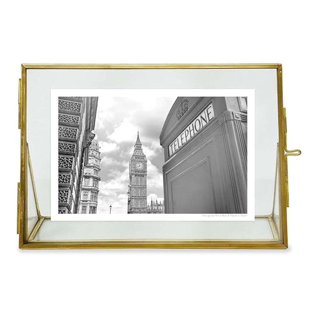 Isaac Jacobs Antique Gold, Vintage Style Brass and Glass, Floating Photo Frame, Metal, with Locket Closure and Angled Base, for Pictures, Art, Mementos, Keepsakes, 2 Pack