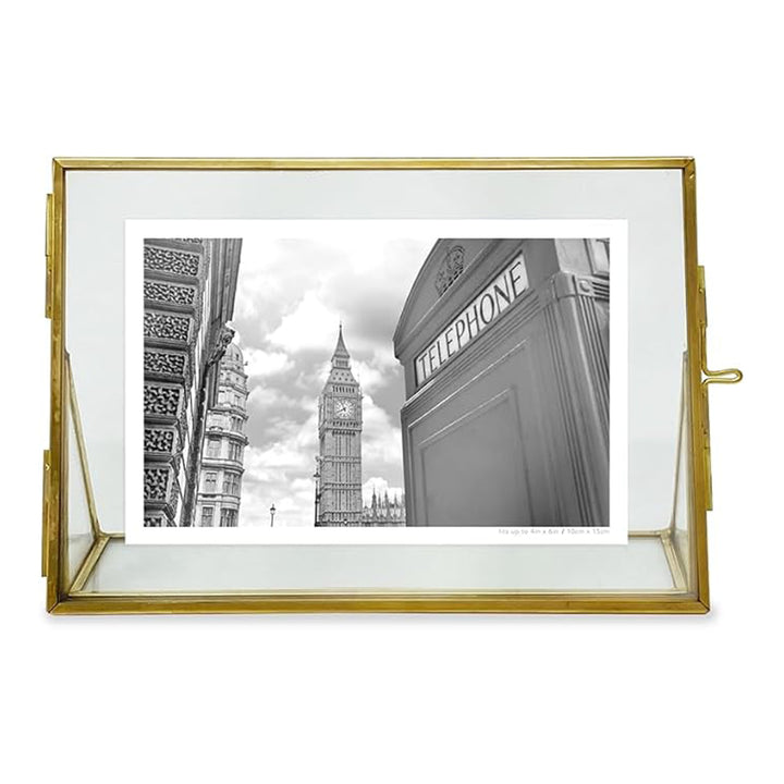 Isaac Jacobs Antique Gold, Vintage Style Brass and Glass, Floating Photo Frame, Metal, with Locket Closure and Angled Base, for Pictures, Art, Mementos, Keepsakes, 2 Pack