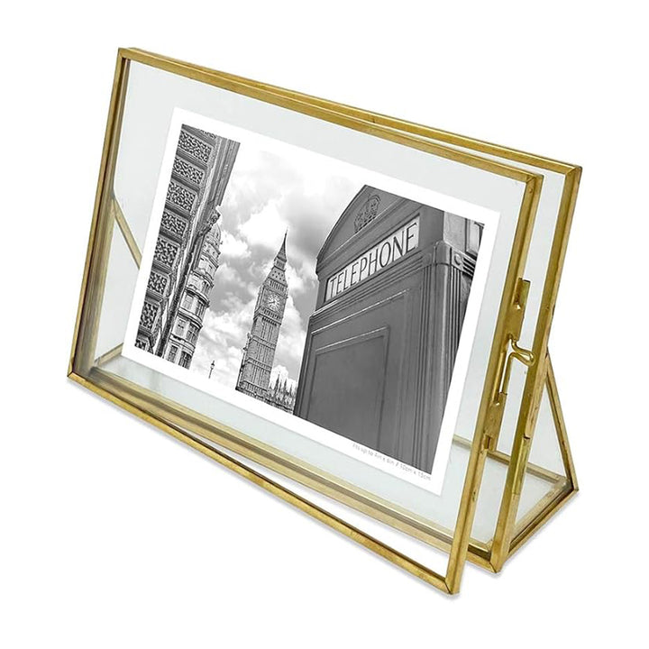 Isaac Jacobs Antique Gold, Vintage Style Brass and Glass, Floating Photo Frame, Metal, with Locket Closure and Angled Base, for Pictures, Art, Mementos, Keepsakes, 2 Pack