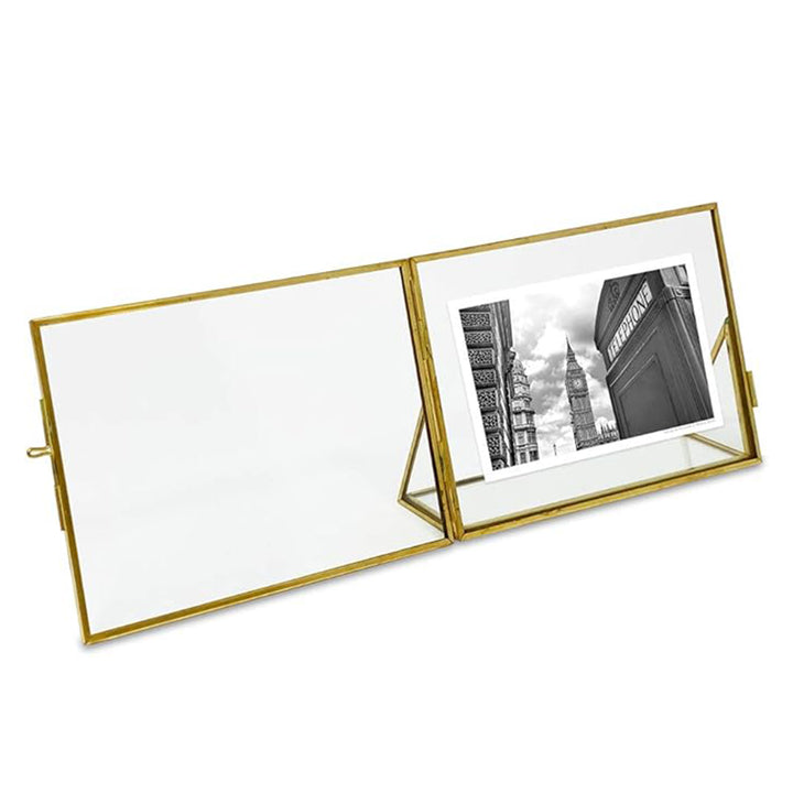 Isaac Jacobs Antique Gold, Vintage Style Brass and Glass, Floating Photo Frame, Metal, with Locket Closure and Angled Base, for Pictures, Art, Mementos, Keepsakes, 2 Pack