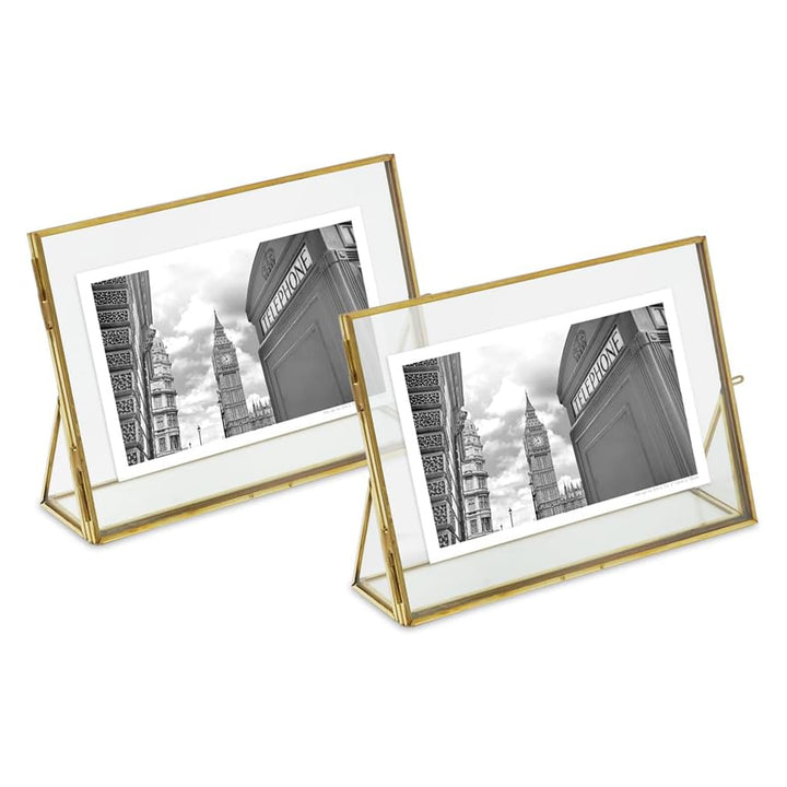 Isaac Jacobs Antique Gold, Vintage Style Brass and Glass, Floating Photo Frame, Metal, with Locket Closure and Angled Base, for Pictures, Art, Mementos, Keepsakes, 2 Pack