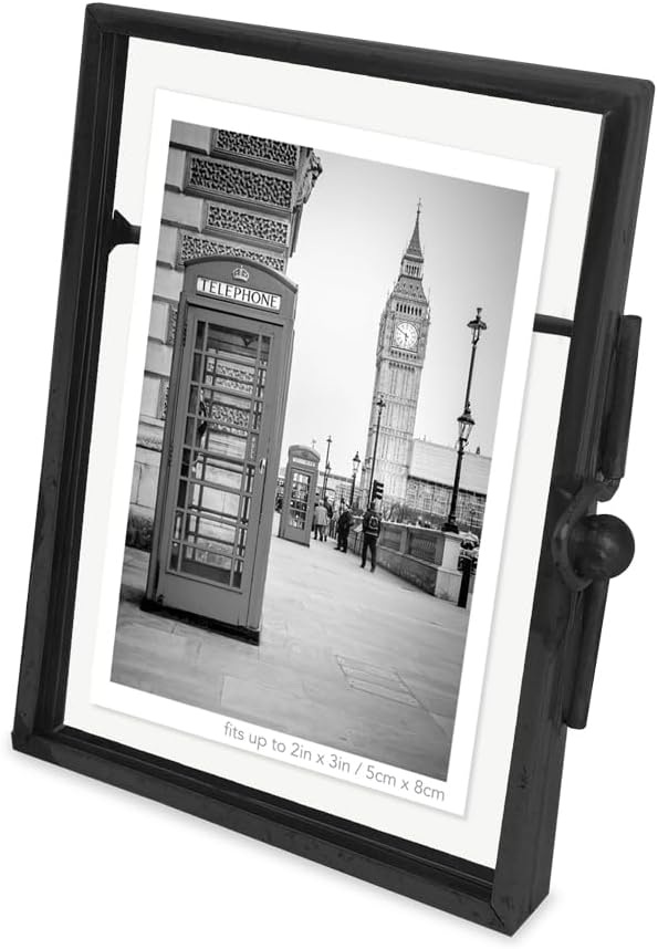 Isaac Jacobs Vintage Style Brass and Glass, Metal Floating Desk Photo Frame with Locket Bead Clasp Closure for Pictures Art, More