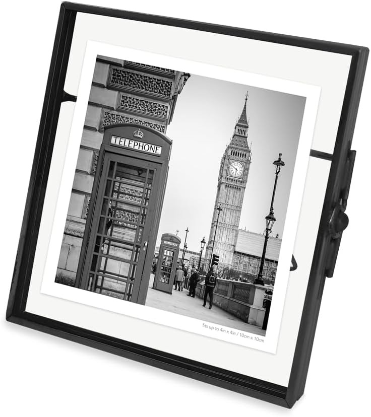 Isaac Jacobs Vintage Style Brass and Glass, Metal Floating Desk Photo Frame with Locket Bead Clasp Closure for Pictures Art, More