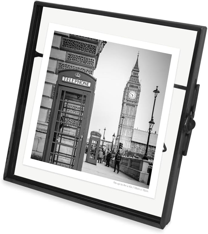 Isaac Jacobs Vintage Style Brass and Glass, Metal Floating Desk Photo Frame with Locket Bead Clasp Closure for Pictures Art, More