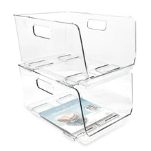 Isaac Jacobs 2-Piece Stackable Clear Storage Bins w/Open Front, Versatile Use, Set of 2, Desk, Office, Bathroom, Bedroom, Closet_#model_Large_Deep (11.9" x 8.6" x 6.1")