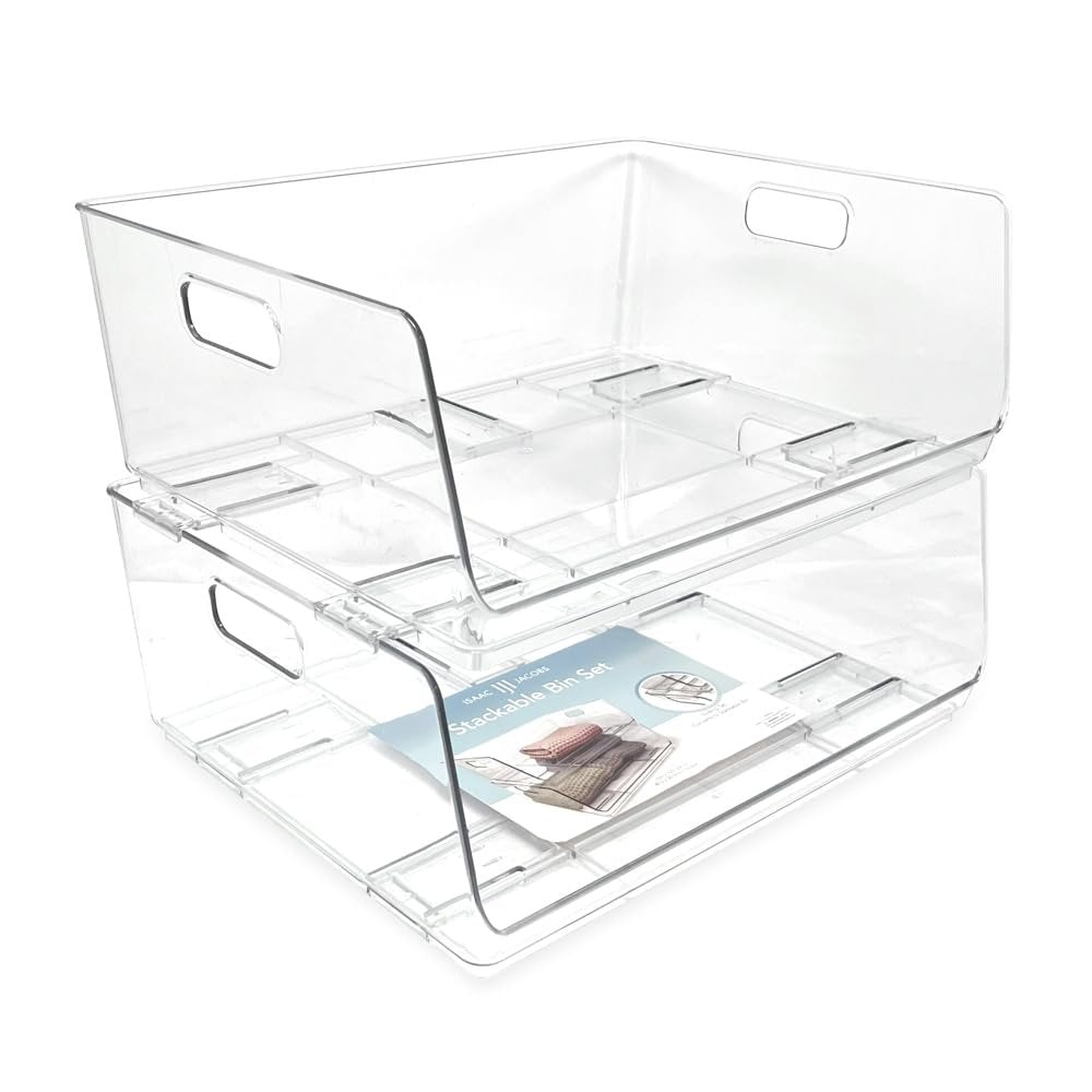 Isaac Jacobs 2-Piece Stackable Clear Storage Bins w/Open Front, Versatile Use, Set of 2, Desk, Office, Bathroom, Bedroom, Closet