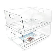 Isaac Jacobs 2-Piece Stackable Clear Storage Bins w/Open Front, Versatile Use, Set of 2, Desk, Office, Bathroom, Bedroom, Closet_#model_Large_Wide_(13" x 7.3" x 6.1")