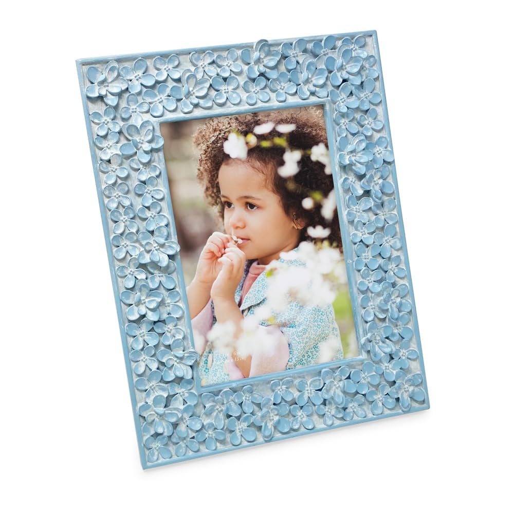 Isaac Jacobs Flower Textured Hand-Crafted Resin Picture Frame w/Easel & Hook for Tabletop & Wall Display, Decorative Floral Design Home Décor, Photo Gallery, Art_#color_Blue_4x6