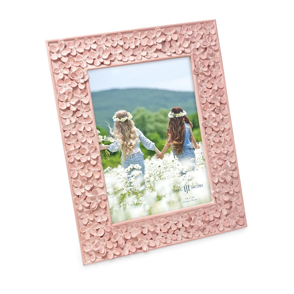 Isaac Jacobs Flower Textured Hand-Crafted Resin Picture Frame w/Easel &amp; Hook for Tabletop &amp; Wall Display, Decorative Floral Design Home Décor, Photo Gallery, Art_
