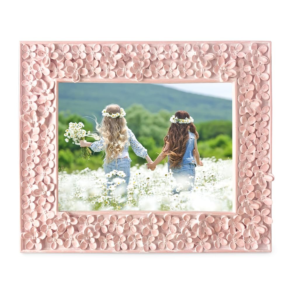 Isaac Jacobs Flower Textured Hand-Crafted Resin Picture Frame w/Easel &amp; Hook for Tabletop &amp; Wall Display, Decorative Floral Design Home Décor, Photo Gallery, Art_